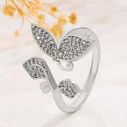 Goho Silver Stone Studded Adjustable Leaf Ring image 3