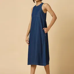 Chemistry Women Solid Round Neck Denim A-Line Midi Dress image 2