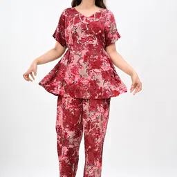 mintmarie Women Night Suit Set Maroon Printed image 3