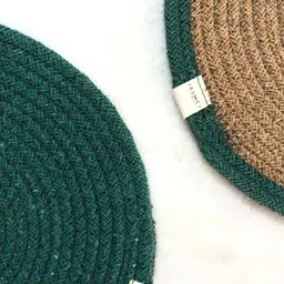 JASMEY HOMES Teal Blue & Beige Set of 2 Textured Round Cotton Table Placemats image 2