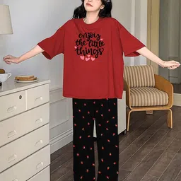 kshs Women Top & Pyjama Set Red, Black Printed image 1