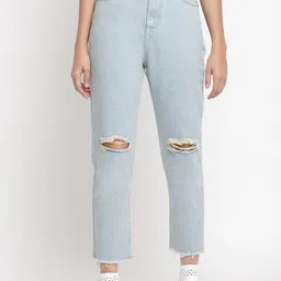 Belliskey Women Boyfriend Fit Mid-Rise Light Shade Slash Knee Cropped Cotton Jeans-image-4