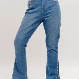 FREAKINS Women Bootcut Mid-Rise Light Fade Rhinestone Studded Pure Cotton Jeans-image-15