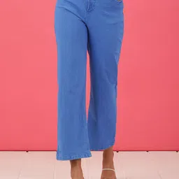 Freehand by The Indian Garage Co Women Blue High-Rise Clean Look Wide Leg Cropped Stretchable Jeans-picture-29