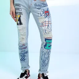 HIGHLANDER Men Slim Fit Light Fade Highly Distressed Printed Stretchable Jeans-image-77