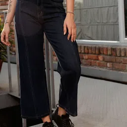 STREET 9 Women Blue Jean Wide Leg High-Rise Dark Shade Pure Cotton Jeans-image-46