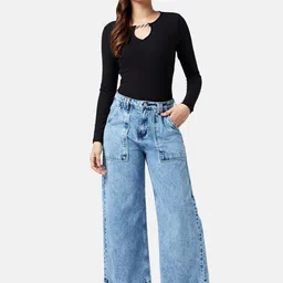 People Women Flared High-Rise Heavy Fade Cotton Jeans image 4