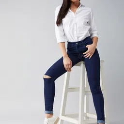 DOLCE CRUDO Women Navy Blue Skinny Fit Stretchable Jeans-picture-11