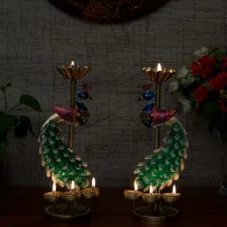 craft tree Metal Handpainted Decorative Peacock Tea Light Set of 2 Showpiece in Multicolor image 2