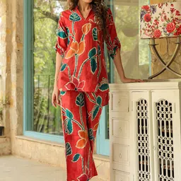 JISORA Red Floral Printed Mandarin Collar Pure Cotton Night suit-picture-14