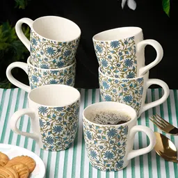 Arrabi White & Blue 6 Pieces Floral Printed Stoneware Matte Cups 220 ml Each image 1