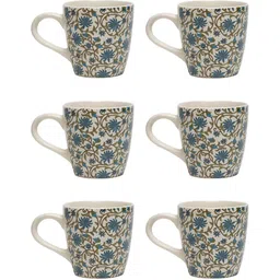 Arrabi White & Blue 6 Pieces Floral Printed Stoneware Matte Cups 220 ml Each image 2