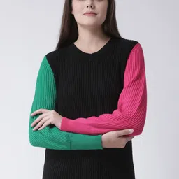 Club York Women Black Colourblocked Round Neck Acrylic Sweater-image-66