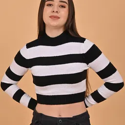 NoBarr Striped Turtle Neck Acrylic Crop Pullover Sweater-picture-40