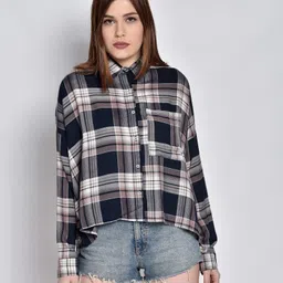 chimpaaanzee Women Boxy Fit Checkered Spread Collar Casual Shirt-picture-22