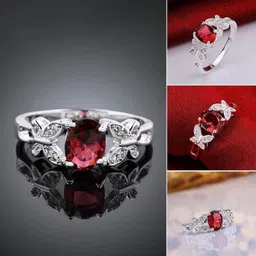 glamshe Butterfly Elegance Silver Ring with Ruby Red Center Stone for Women & Girls Crystal Cubic Zirconia Silver Plated Ring image 2