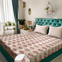 KLOTTHE Beige & Maroon Floral Pure Cotton 400TC Fitted Double King Bedsheet Set-2.5mX2.25m-image-17