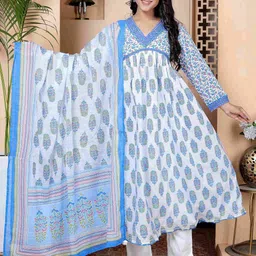 NAVYAAZRI Women Ethnic Motifs Printed Empire Pure Cotton Kurta with Trousers & With Dupatta-picture-15