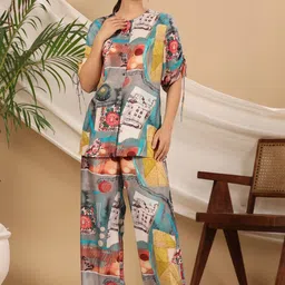 AARAAS Floral Printed Round Neck Pure Silk Tunic & Trouser image 3