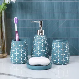 Myntra Elegant Homes Teal & White 4 piece Geometric Resin Bath Accessories Set-image-27