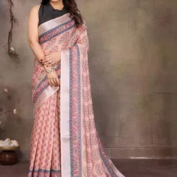 WOVENSTOCK Floral Zari Pure Linen Handloom Block Print Saree-picture-13