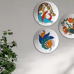 THE QUIRKY HOME 3-Pcs Blue & Yellow Warli Printed Ceramic Wall Plates-image-30