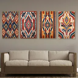 nestroots Gold-Toned & Blue 4 Pieces Vibrant Tribal Canvas Wall Paintings-image-29