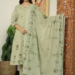 Yufta Women Floral Printed Cotton A-Line Kurta with Trousers & Dupatta image 5