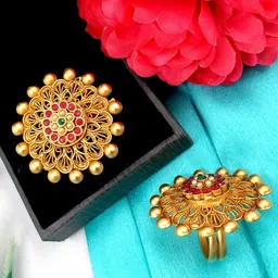 JYONA Gold-Plated Stone Studded & Beaded Finger Ring image 4