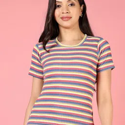 V-Mart Women Striped Pockets T-shirt-image-73