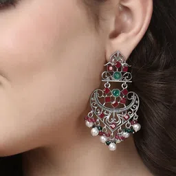 Sangria Silver-Plated Artificial Stones Studded & Pearls Beaded Classic Drop Earrings image 5