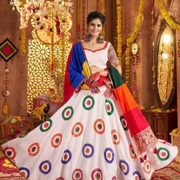 ODETTE Embroidered Sweetheart Neck Mirror Work Semi-Stitched Lehenga & Blouse With Dupatta image 3