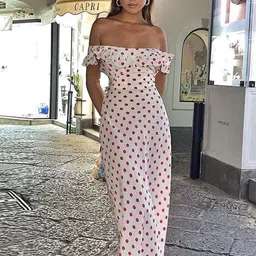 LULU & SKY Women Polka Dot Printed Off-Shoulder Flutter Sleeve Ruffled Sheath Maxi Dress-picture-17