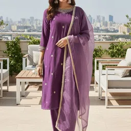 AVANSHEE Women Ethnic Motifs Embroidered Regular Thread Work Velvet Kurta with Trousers & With Dupatta image 4