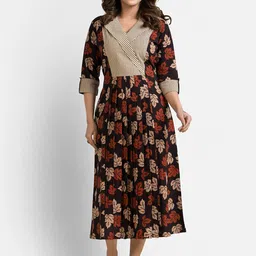 Crazy Needle Ethnic Motifs Printed Lapel Collar Cotton Fit & Flare Midi Dress-picture-41