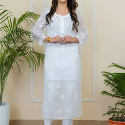 ADR CHIKAN Floral Embroidered Notch Neck Georgette Straight Kurta-picture-34