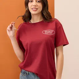 Mast & Harbour Women Typography Printed Round Neck Cotton Oversized T-shirt-picture-34