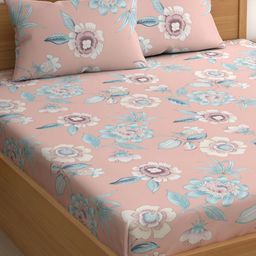 CHHAVI INDIA Peach-Coloured & Blue Floral 210 TC Queen Bedsheet with 2 Pillow Covers-picture-34