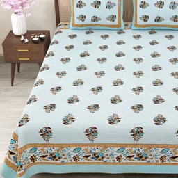 Myntra Elegant Homes Blue & Orange Floral 180 TC King Bedsheet with 2 Pillow Covers-picture-22