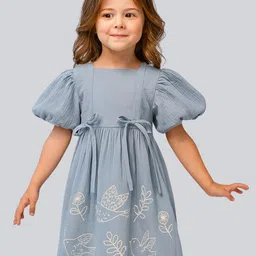 Le Nino Floral Embroidered Puff Sleeve Crepe A-Line Midi Dress-picture-13