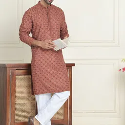 Anouk Brown Geometric Embroidered Sequinned Mandarin Collar Straight Kurta With Trousers-image-31