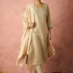 KALINI Ethnic Motifs Yoke Design Straight Thread Work Kurta with Trousers & Dupatta image 1