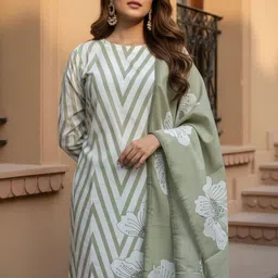 SARSO Women Printed Regular Linen Kurta with Trousers & With Dupatta image 2