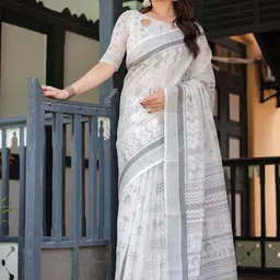 ALMAARI FASHION Ethnic Motifs Printed Pure Linen Banarasi Saree image 4