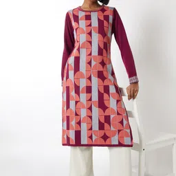 max Geometric Woven Design Round Neck Straight Kurta-image-46