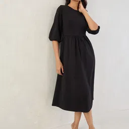 FEMMELLA Women Cotton Puff Sleeve Fit & Flare Midi Dress-picture-10