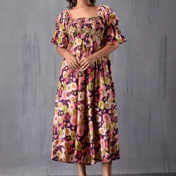 MODA-Q Women Floral Print Puff Sleeve Fit & Flare Midi Dress-picture-40