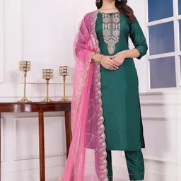 AVNISA ENTERPRISE Ethnic Motifs Embroidered Round Neck Kurta With Trousers & Dupatta image 5