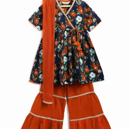 Campana Girls Floral Printed Cotton A-Line Kurta with Sharara & Dupatta-picture-26