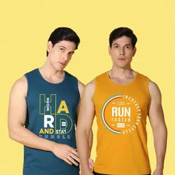 WOOSTRO Men Pack of 2 Typography Printed Round Neck Cotton Slim Fit Sports T-shirts image 4